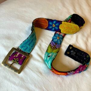 Artisan made embroidered wool belt with engraved brass buckle, multicolor